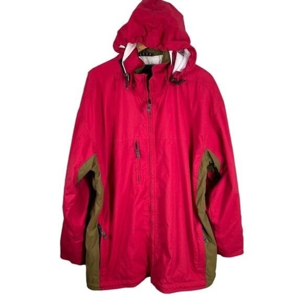 Obermeyer Ski‎ Jacket Mens Large Red Olive Green Colorblock Hooded 39214